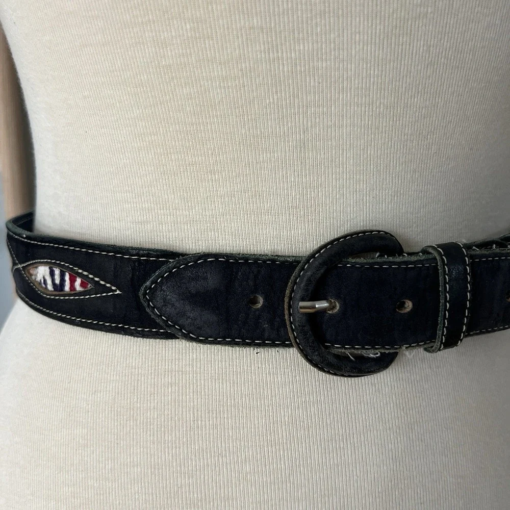 Vintage Blue Leather Southwestern Woven Inlay Belt Boho Artisan 90s Cowgirl
